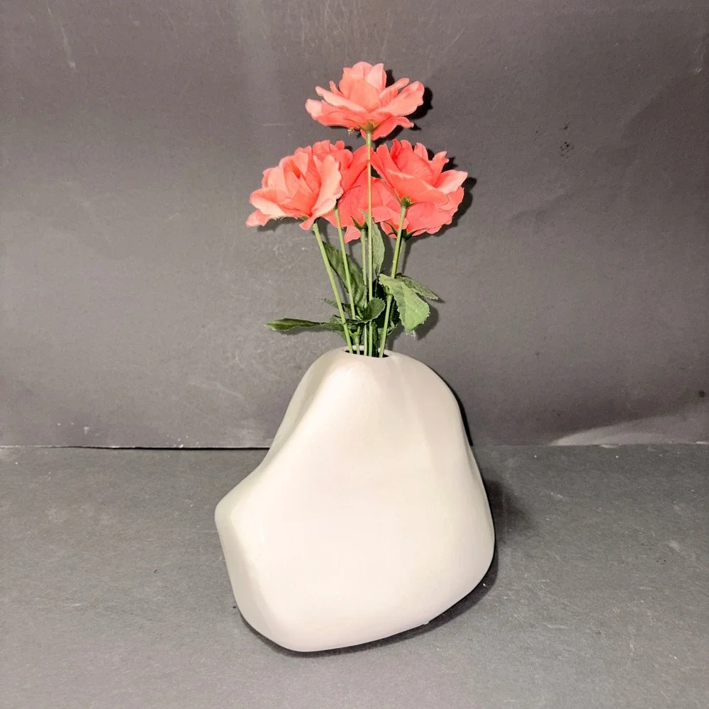 Modernist White Ceramic Asymmetrical Organic Pebble Bud Vase Sculptural Decor